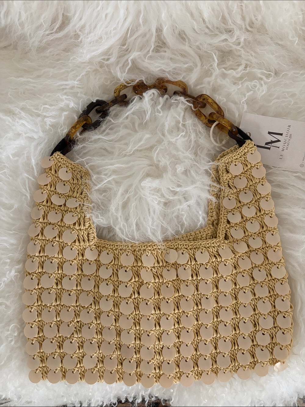 New Beige Woven Sequin Shoulder Bag with Tortoiseshell Chain